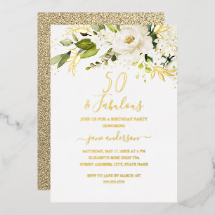 Gold Floral Champagne 50 & Fabulous Birthday Foil Folieneinladung