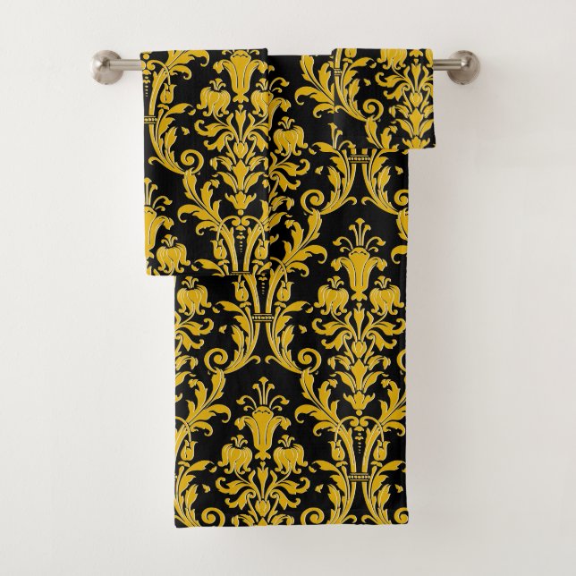 Gold Floral Damask auf schwarz Badhandtuch Set (Insitu)
