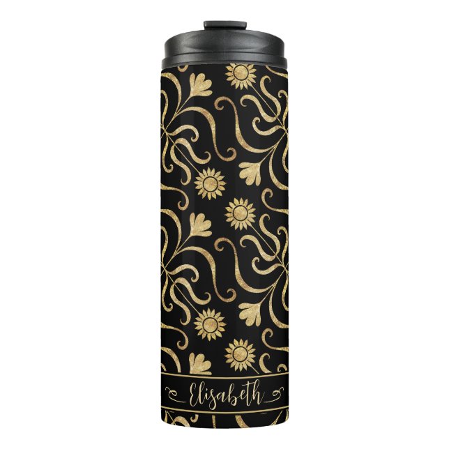Gold Floral Damask Sonnenblume Klassik Schwarze Fo Thermosbecher (Vorderseite)