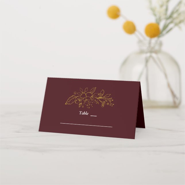Gold Floral Deep Burgundy Wedding Table Number Platzkarte (Vorderseite)