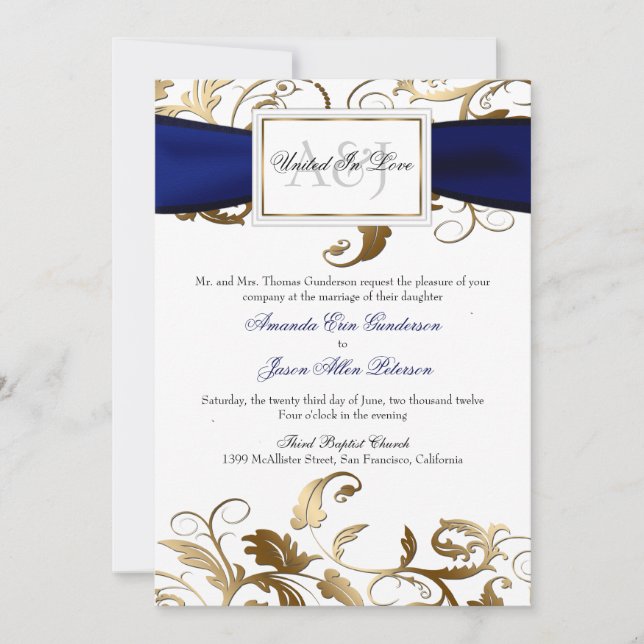 Gold Floral Einladung mit Navy Bow (Vorderseite)