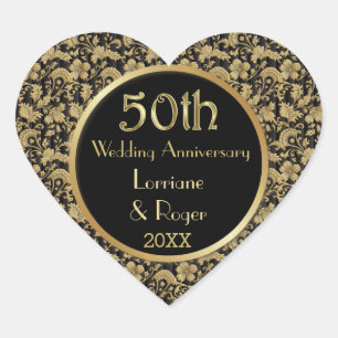 Gold Floral Elegance 50. Hochzeitstag Herz-Aufkleber