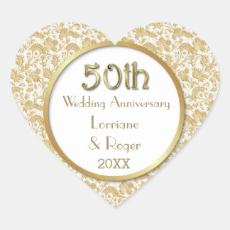 Gold Floral Elegance 50. Hochzeitstag Herz-Aufkleber