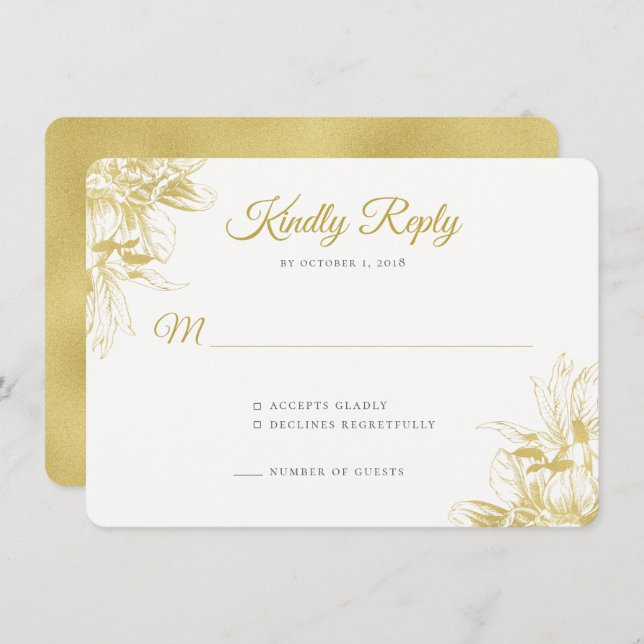 Gold Floral Elegant Wedding Einladung RSVP Card (Vorne/Hinten)