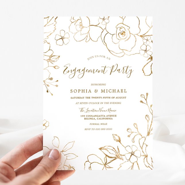 Gold Floral Elegante White Modern Engagement Party Einladung (Von Creator hochgeladen)