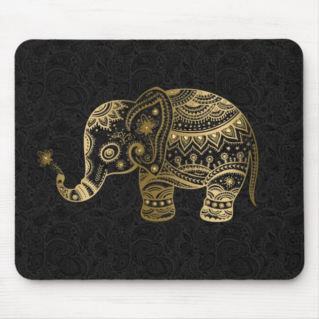 Gold Floral Elephant Black Background Mousepad (Vorne)
