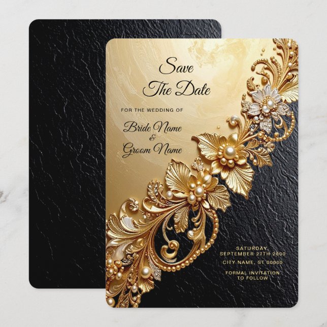 Gold Floral Embellishments Save The Date (Vorne/Hinten)