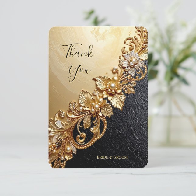 Gold Floral Embellishments Thank You Card Dankeskarte (Stehend Vorderseite)