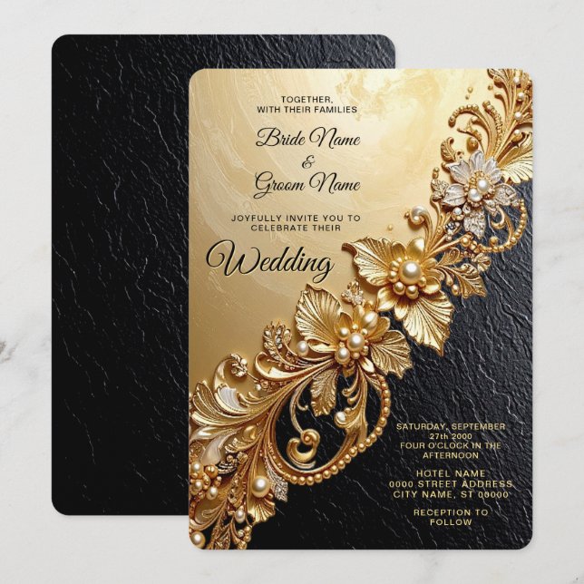 Gold Floral Embellishments Wedding Invitation Einladung (Vorne/Hinten)