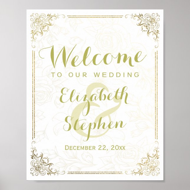Gold Floral Frame Begrüßungszeichen für Hochzeitse Poster (Vorne)