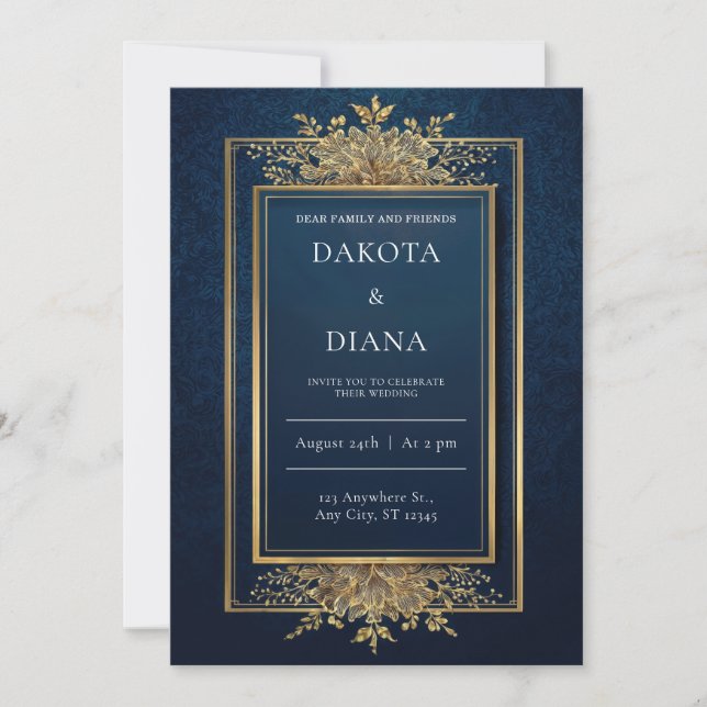 Gold Floral Frame Navy Hochzeitseinladung Einladung (Vorderseite)