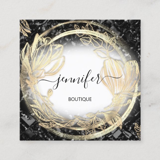 Gold Floral Frame QRCode Logo Black Abstarted Quadratische Visitenkarte (Vorderseite)