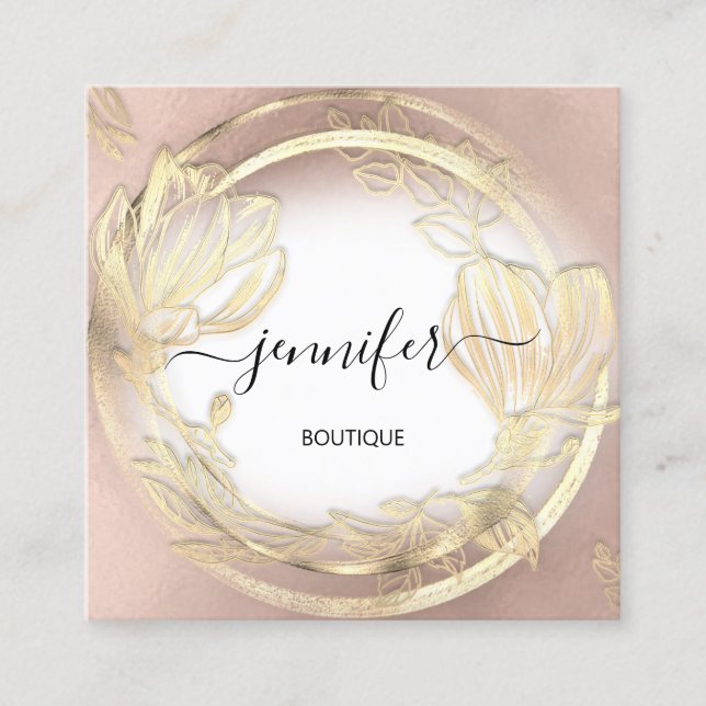 Gold Floral Frame QRCode Logo Rose Weiß Quadratische Visitenkarte (Vorderseite)