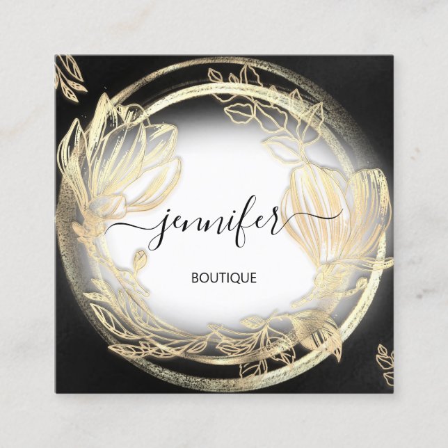 Gold Floral Frame QRCode Logo Schwarz-weiß Quadratische Visitenkarte (Vorderseite)