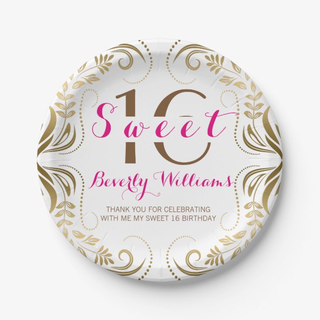 Gold Floral Frame Sweet 16 Template Pappteller (Vorderseite)
