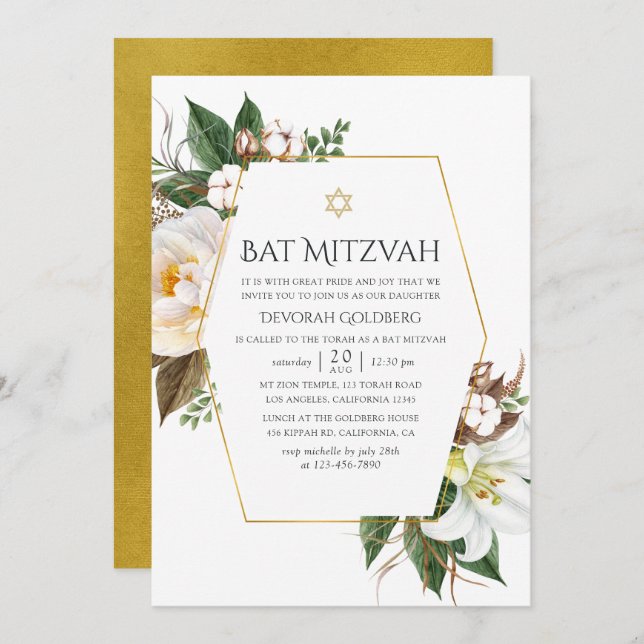 Gold Floral Geometric Bat Mitzvah Einladung (Vorne/Hinten)