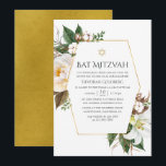 Gold Floral Geometric Bat Mitzvah Einladung<br><div class="desc">Floral Fledermaus Mitzvah Einladung mit rot rosa Bäuche,  wilden Kräuter,  Baumwolle und Lilien mit goldenem geometrischem Rahmen,  angepasst an Ihre Event-Besonderheiten.</div>