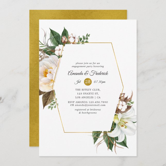 Gold Floral Geometric Engagement Party Einladung (Vorne/Hinten)