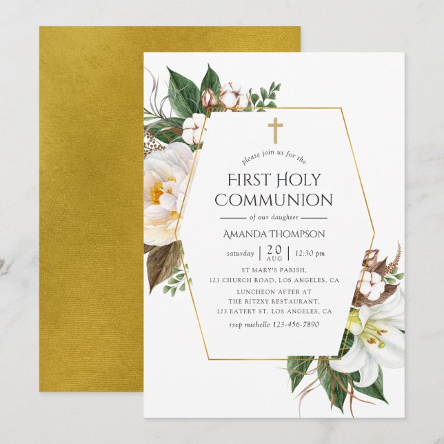 Gold Floral Geometric First Holy Communion Einladung (Vorne/Hinten)