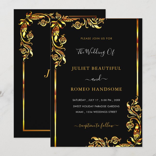 Gold Floral Gerahmt Black Luxury Wedding Einladung (Vorne/Hinten)