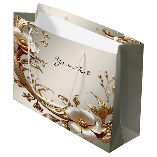 Gold Floral Gift Bag Große Geschenktüte (Vorderseite Schrägansicht)