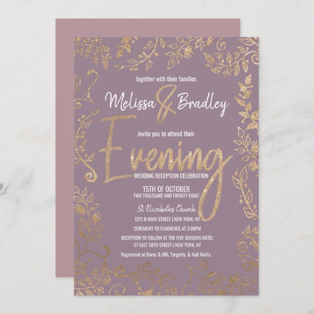 Gold Floral Glitzer Ombre Mauve Lilac Abend Einladung (Vorne/Hinten)