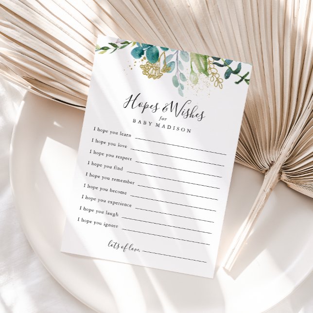 Gold Floral Green Baby Shower Hopwers & Wish Card Postkarte (Von Creator hochgeladen)