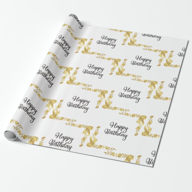 Gold Floral Happy Birthday Geschenkpapier (Ungerollt)