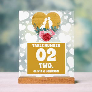 Gold Floral Heart Wedding Tischnummer Mattiert Acrylschild