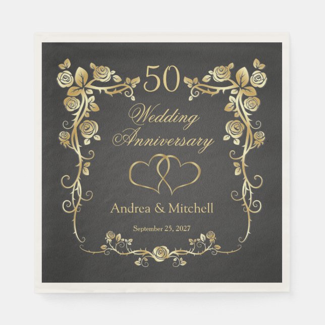 Gold Floral Hearts 50. Hochzeitstag Napki Serviette (Vorderseite)