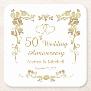 Gold Floral Hearts 50. Hochzeitstag  Rechteckiger Pappuntersetzer