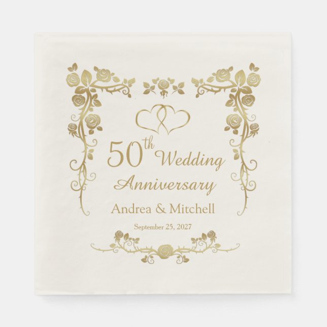 Gold Floral Hearts 50. Hochzeitstag Serviette (Vorderseite)