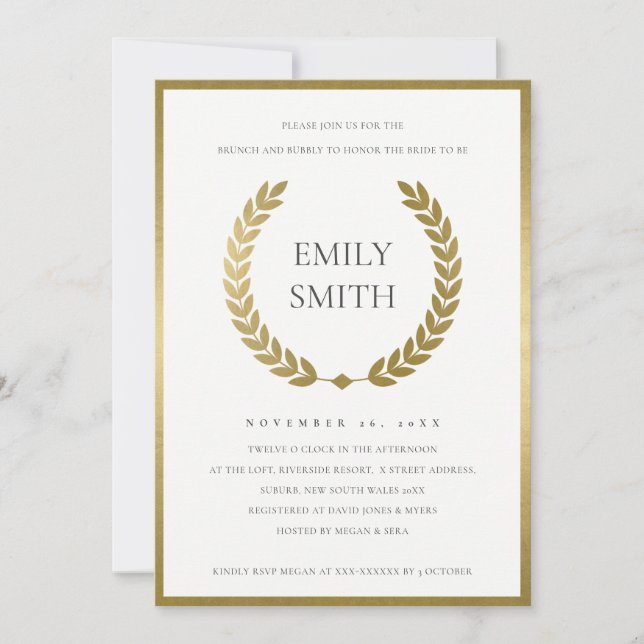 GOLD FLORAL LAUREL WREATH BRUNCH & BUBBLY INVITE DANKESKARTE (Vorderseite)