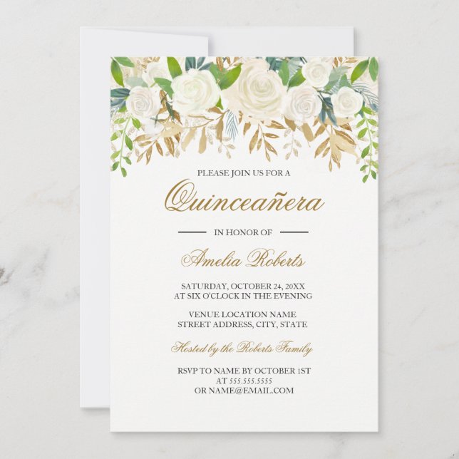 Gold Floral Leaf Aquarell Quinceanera Einladung (Vorderseite)