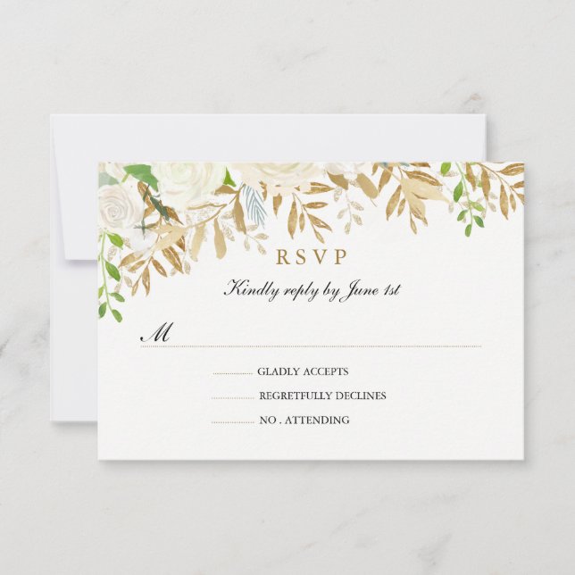 Gold Floral Leaf Watercolor Wedding RSVP (Vorderseite)