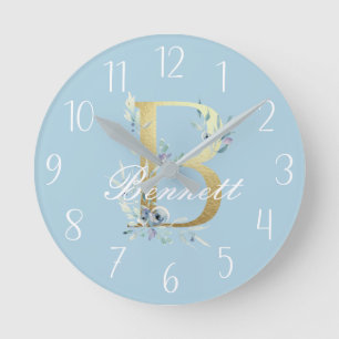 Gold Floral Letter "B" Customizable Runde Wanduhr
