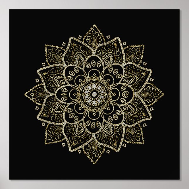 Gold Floral Mandala auf Black Foliendrucke (Vorderseite)