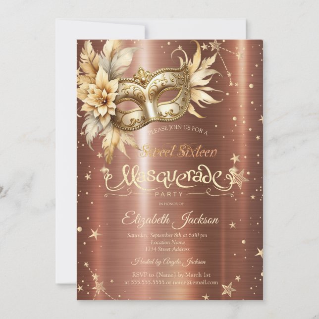 Gold Floral Masque Stars Brown Metallic Sweet 16 Einladung (Vorderseite)