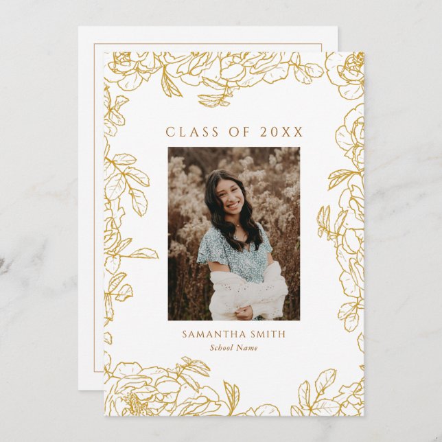 Gold Floral Modern Typografy Foto Abschluss Ankündigung (Vorne/Hinten)