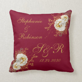 Gold Floral Monogram auf Burgund Wedding Geschenk Kissen