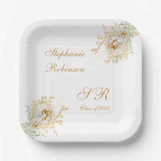 Gold Floral Monogram Graduation Party Pappteller (Vorderseite)
