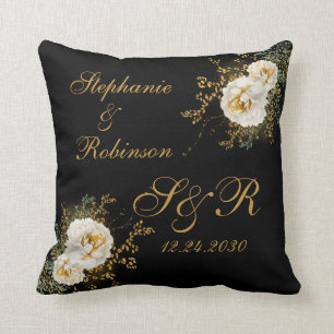Gold Floral Monogram Logo auf Black Wedding Gesche Kissen