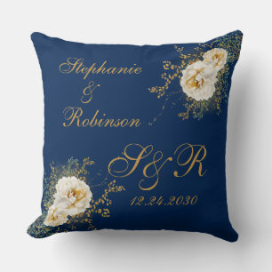 Gold Floral Monogram Logo auf Navy Blue Wedding Th Kissen