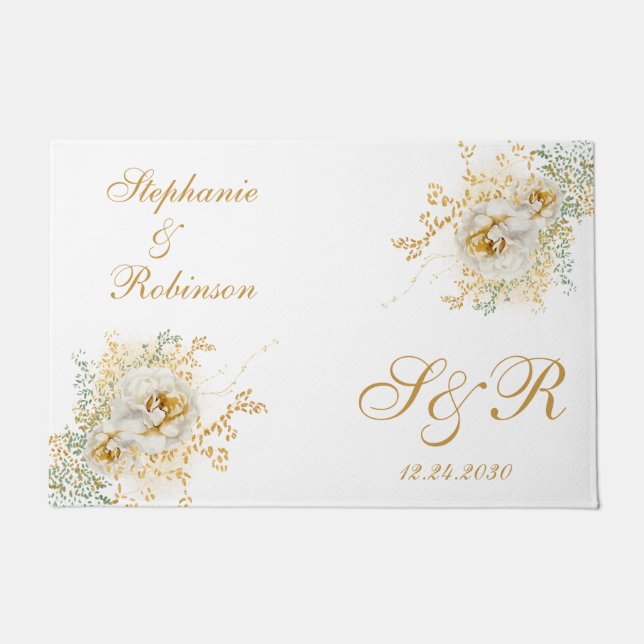 Gold Floral Monogram Logo Hochzeitsgeschenk Fußmatte (Vorderseite)