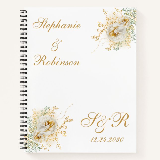 Gold Floral Monogram Logo Hochzeitsplaner Notizbuch (Vorderseite)