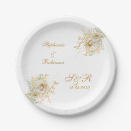 Gold Floral Monogram Logo Hochzeitszange Pappteller