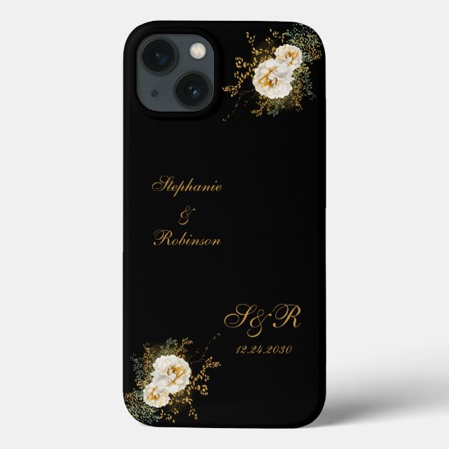 Gold Floral Monogram on Black Wedding Case-Mate iPhone Hülle (Rückseite)