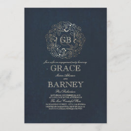 Gold Floral Monogram Vintag Navy Engagement Party Einladung