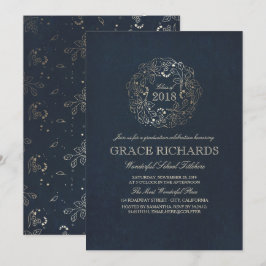 Gold Floral Monogram Vintag Navy Graduation Party Einladung