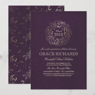Gold Floral Monogram Vintag Pflaume Graduation Par Einladung